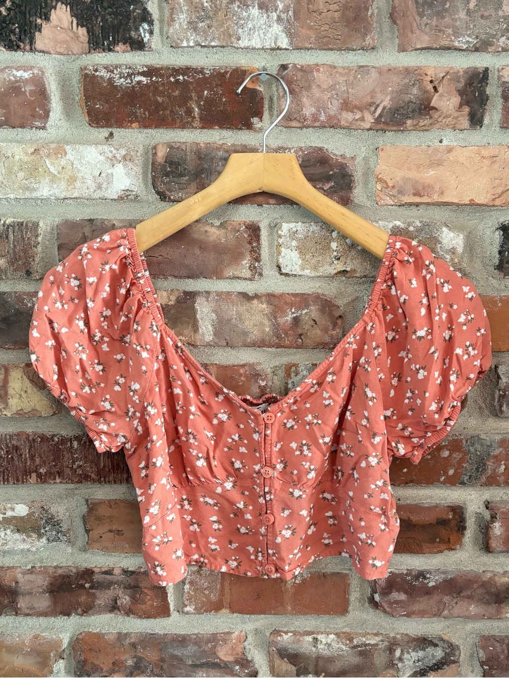 Hollister Orange Floral Puff Sleeve Crop Top, M